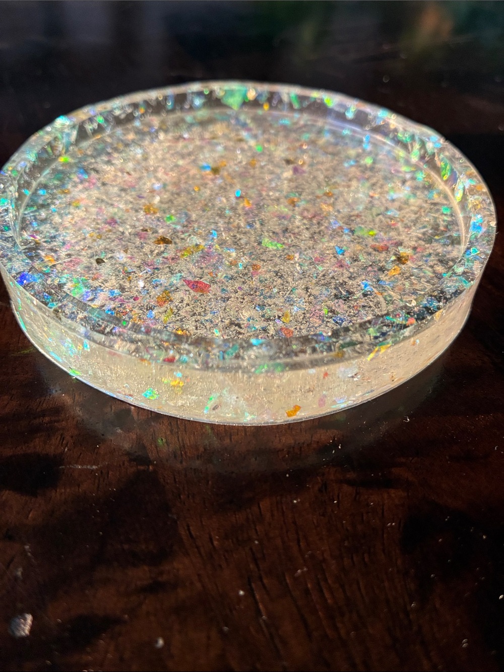 Clear Iridescent Resin Coaster with Sparkle Accents